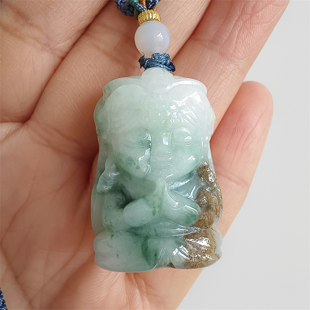 Unique Natural Certificated Type A Untreated 34X23X15mm Green White Brown Watery Burmese Jadeite Baby Buddha Pendant,Double Sided Carved Pendant,DIY Jewelry Supplies