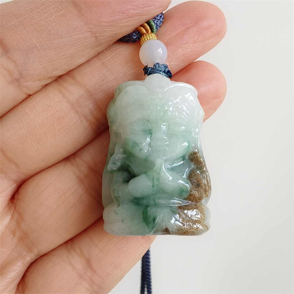 Unique Natural Certificated Type A Untreated 34X23X15mm Green White Brown Watery Burmese Jadeite Baby Buddha Pendant,Double Sided Carved Pendant,DIY Jewelry Supplies