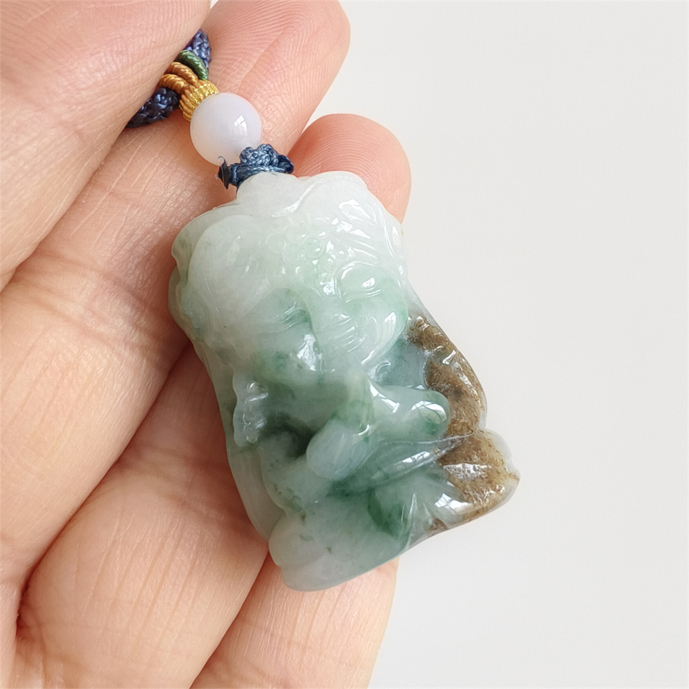 Unique Natural Certificated Type A Untreated 34X23X15mm Green White Brown Watery Burmese Jadeite Baby Buddha Pendant,Double Sided Carved Pendant,DIY Jewelry Supplies