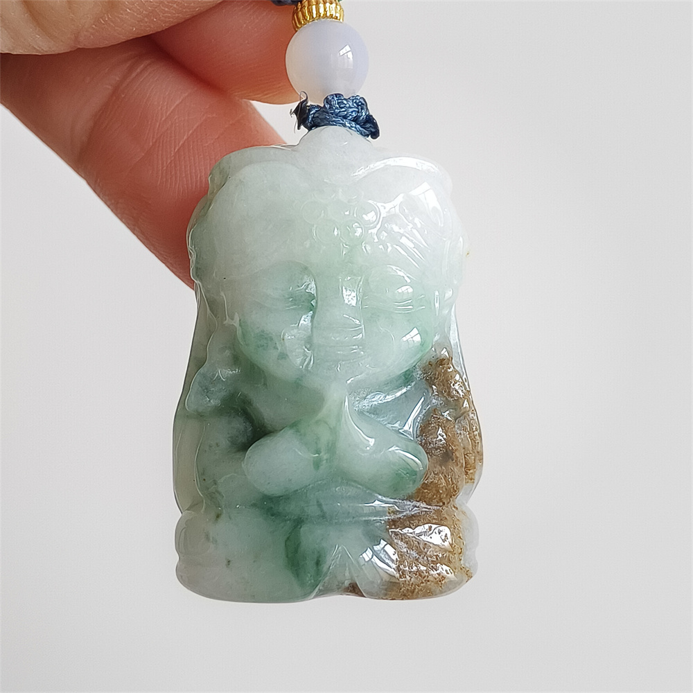 Unique Natural Certificated Type A Untreated 34X23X15mm Green White Brown Watery Burmese Jadeite Baby Buddha Pendant,Double Sided Carved Pendant,DIY Jewelry Supplies