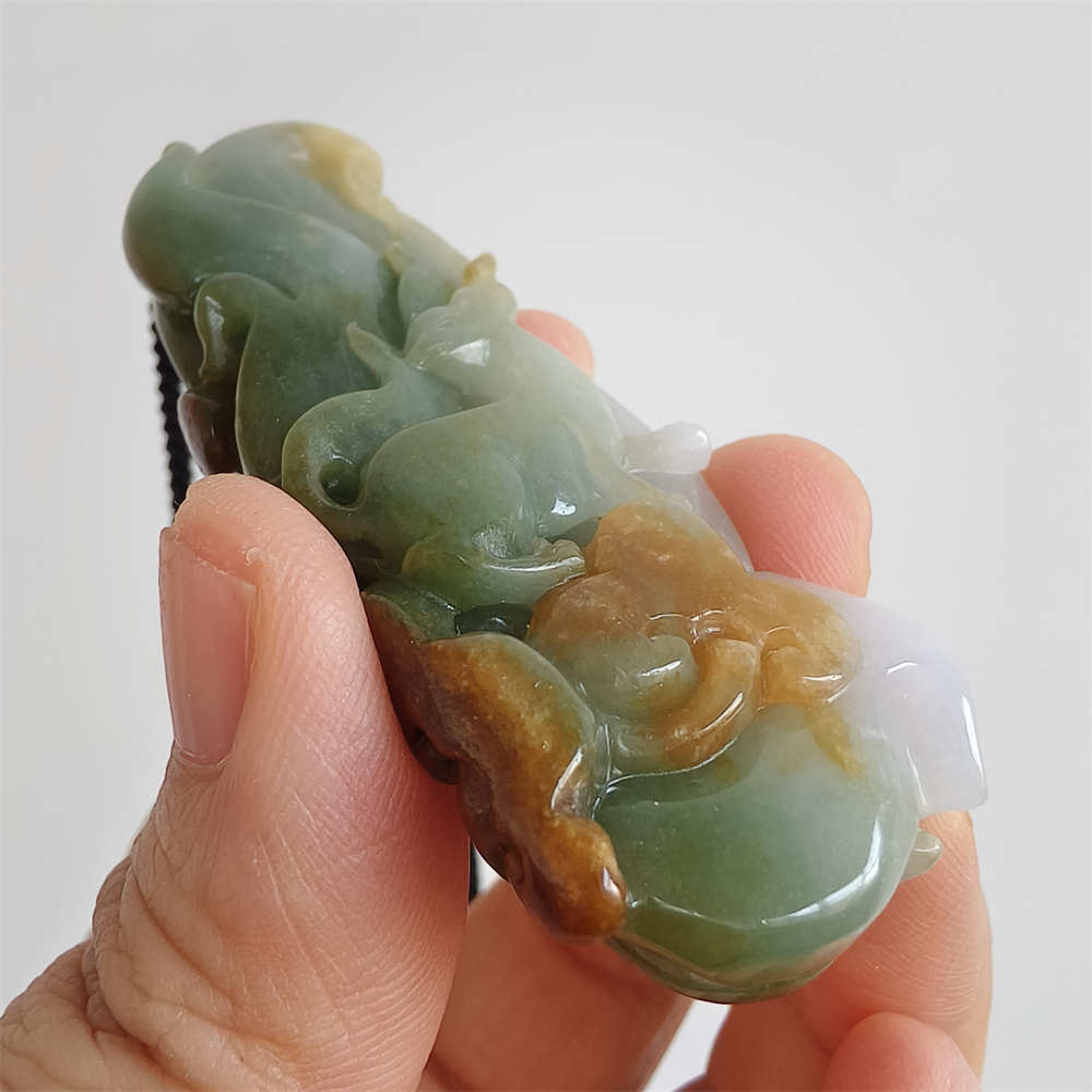 Natural Certificated Type A Untreated 67X26X12mm Green White And Yellow Burmese Jadeite Irregular Pendant With Nine Tailed Fox Carved,Burmese Jadeite Pendant Necklace