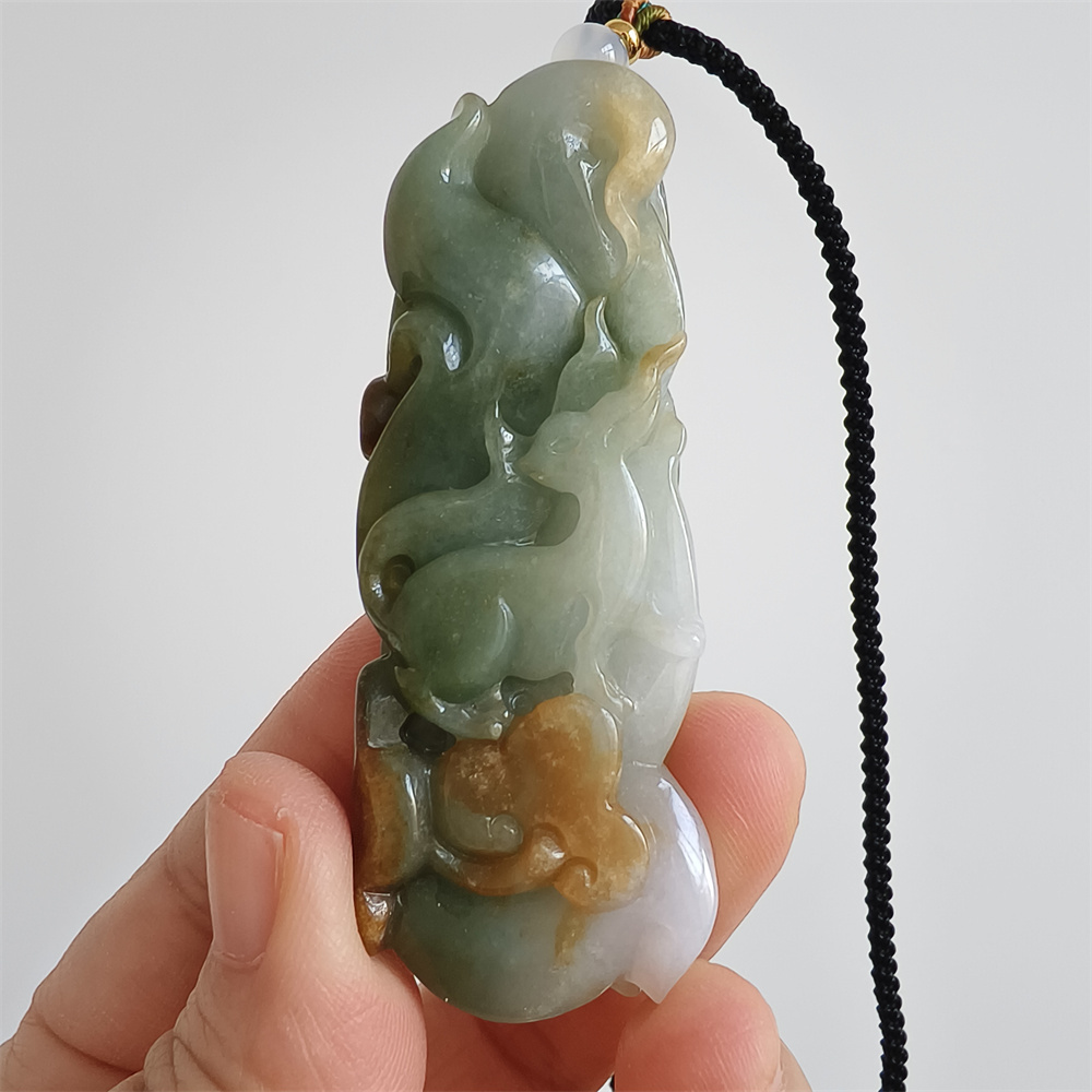 Natural Certificated Type A Untreated 67X26X12mm Green White And Yellow Burmese Jadeite Irregular Pendant With Nine Tailed Fox Carved,Burmese Jadeite Pendant Necklace