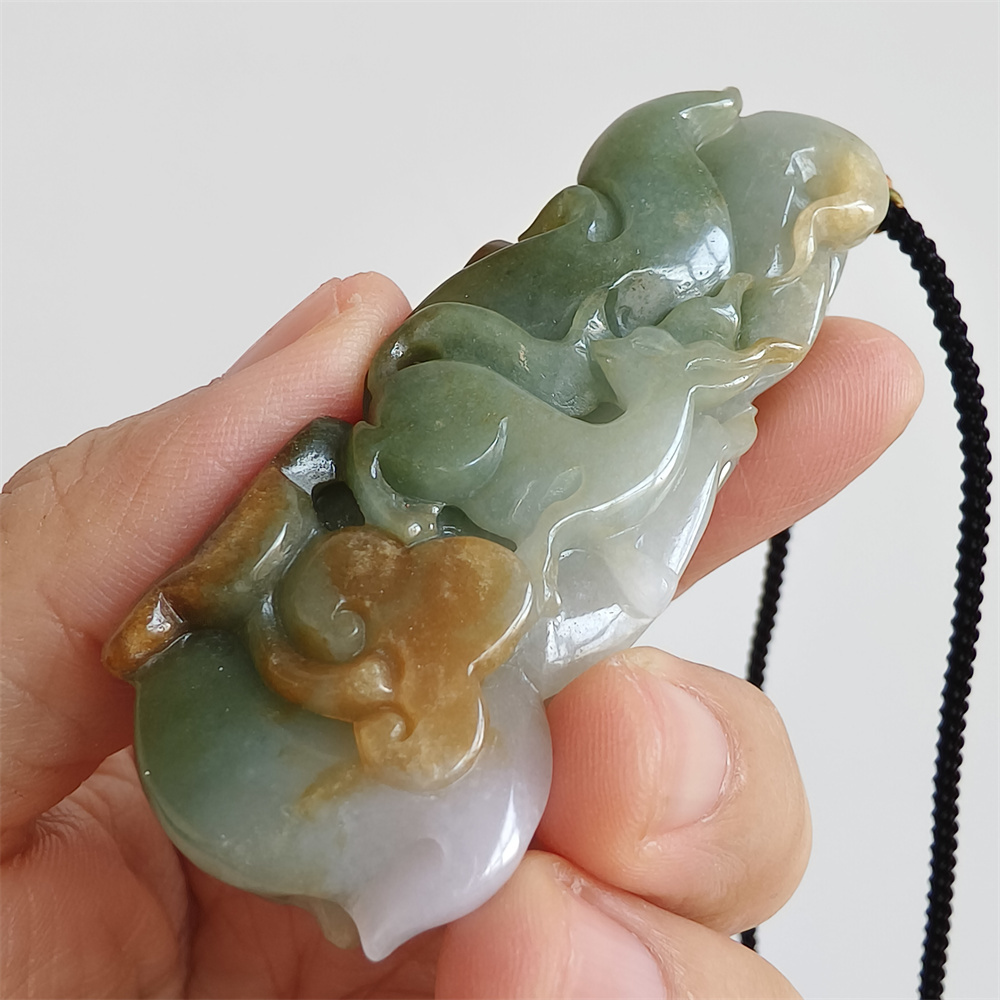 Natural Certificated Type A Untreated 67X26X12mm Green White And Yellow Burmese Jadeite Irregular Pendant With Nine Tailed Fox Carved,Burmese Jadeite Pendant Necklace