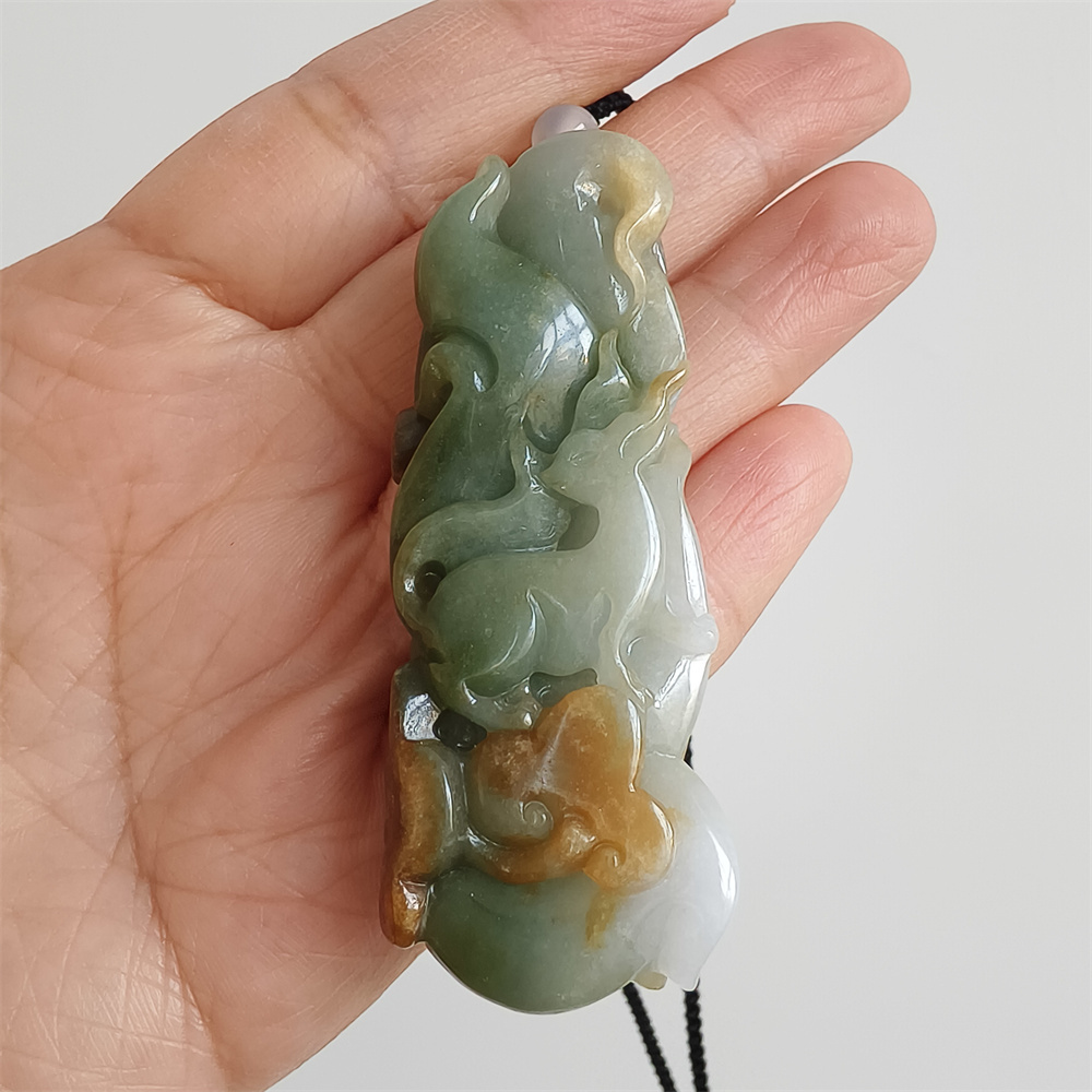 Natural Certificated Type A Untreated 67X26X12mm Green White And Yellow Burmese Jadeite Irregular Pendant With Nine Tailed Fox Carved,Burmese Jadeite Pendant Necklace