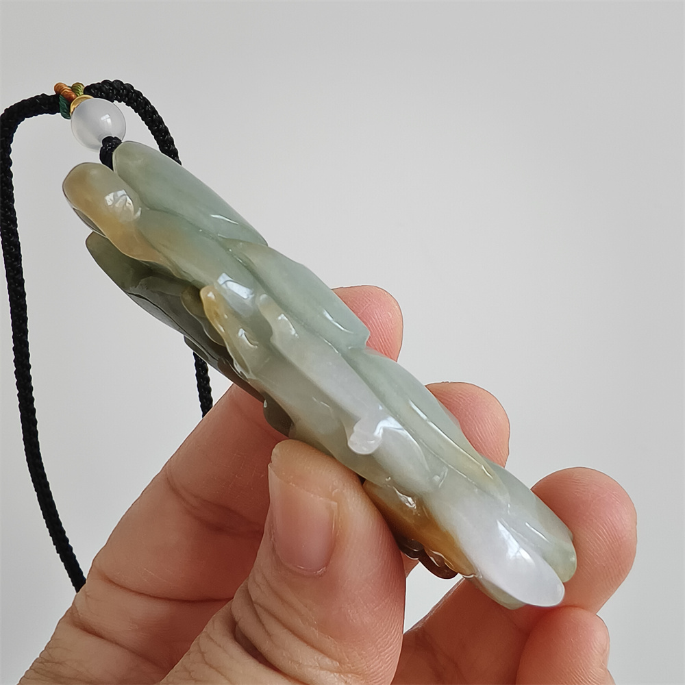 Natural Certificated Type A Untreated 67X26X12mm Green White And Yellow Burmese Jadeite Irregular Pendant With Nine Tailed Fox Carved,Burmese Jadeite Pendant Necklace