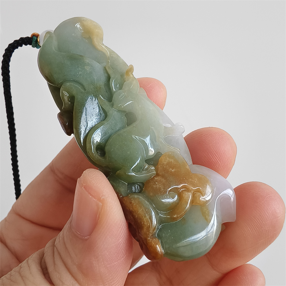 Natural Certificated Type A Untreated 67X26X12mm Green White And Yellow Burmese Jadeite Irregular Pendant With Nine Tailed Fox Carved,Burmese Jadeite Pendant Necklace