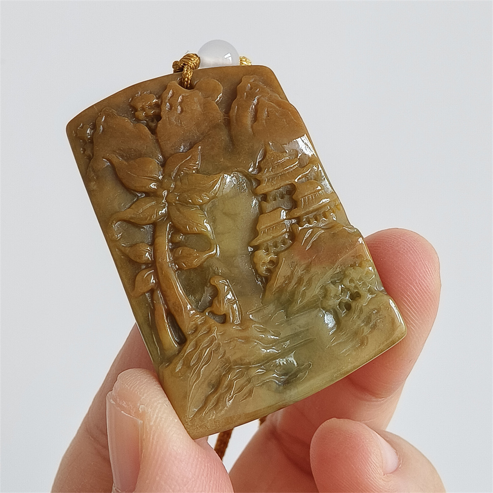 Unique Certificated Natural Type A Untreated 45X30X6mm Yellow Burmese Jadeite Rectangle Pendant With Landscape Carved,DIY Jewelry Supplies