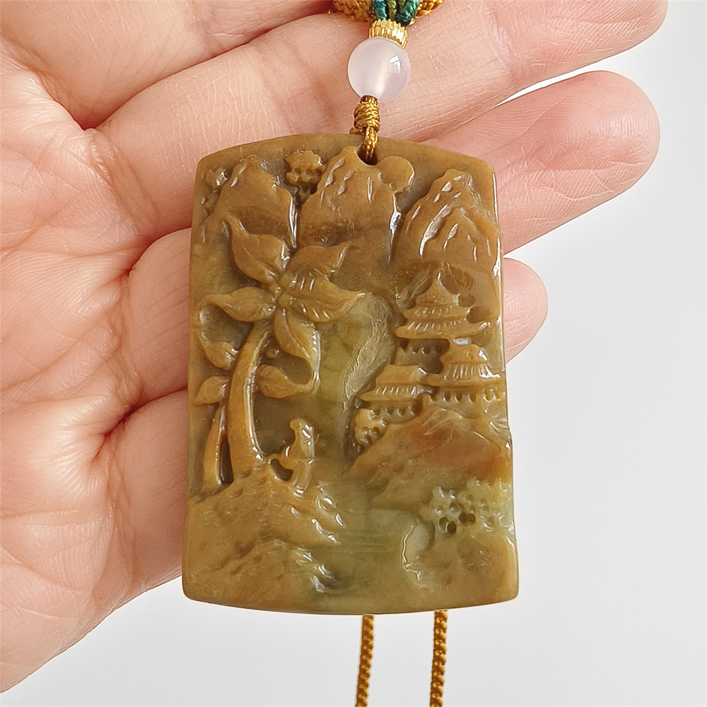 Unique Certificated Natural Type A Untreated 45X30X6mm Yellow Burmese Jadeite Rectangle Pendant With Landscape Carved,DIY Jewelry Supplies