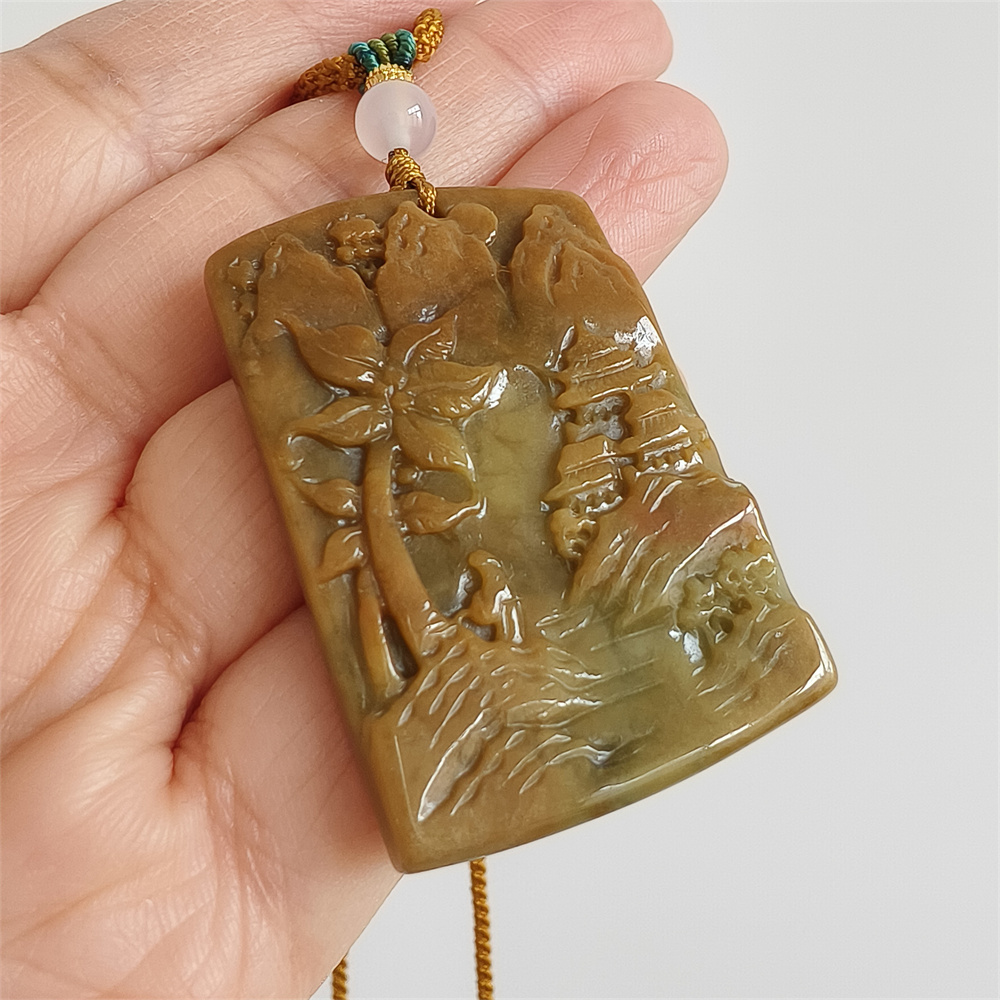 Unique Certificated Natural Type A Untreated 45X30X6mm Yellow Burmese Jadeite Rectangle Pendant With Landscape Carved,DIY Jewelry Supplies
