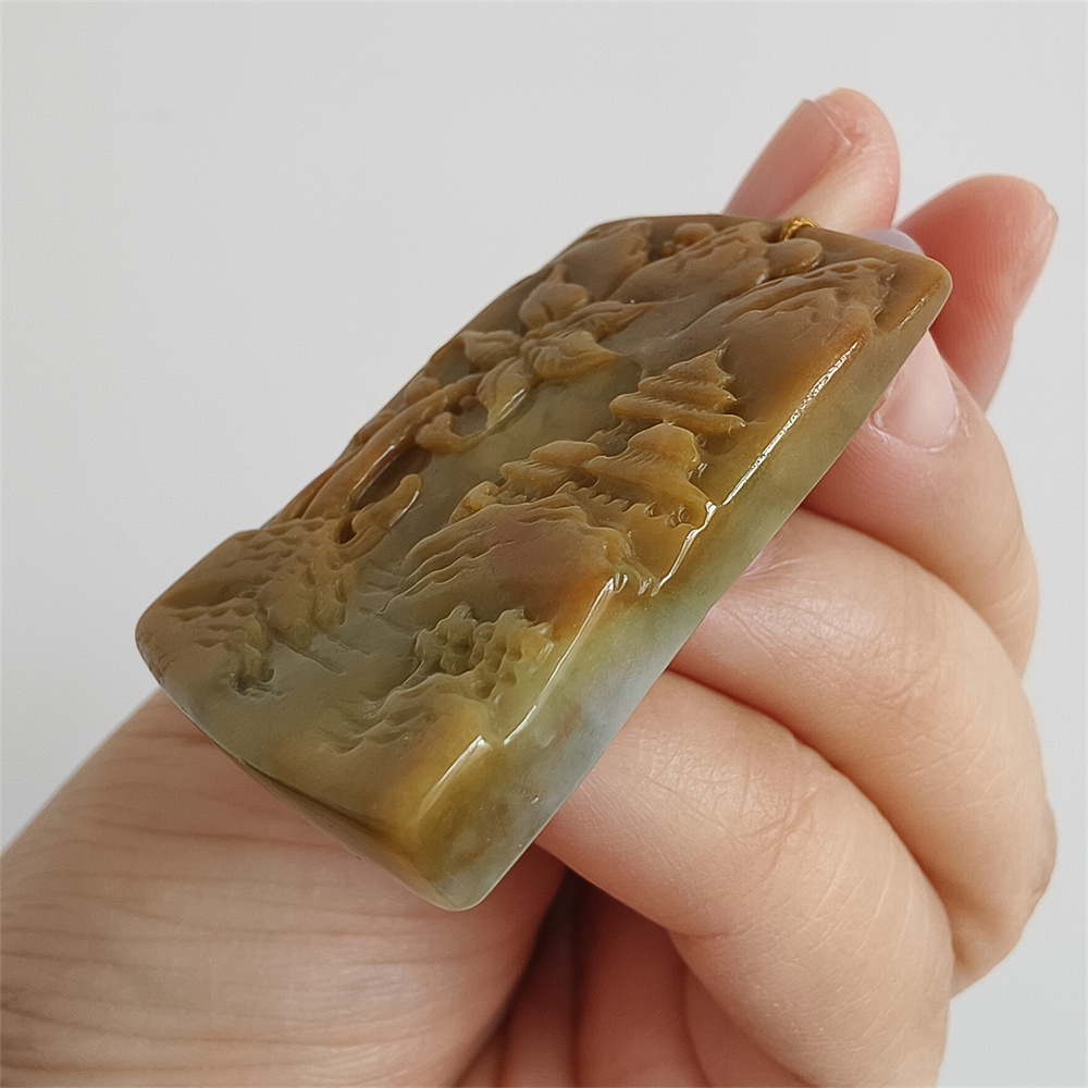 Unique Certificated Natural Type A Untreated 45X30X6mm Yellow Burmese Jadeite Rectangle Pendant With Landscape Carved,DIY Jewelry Supplies