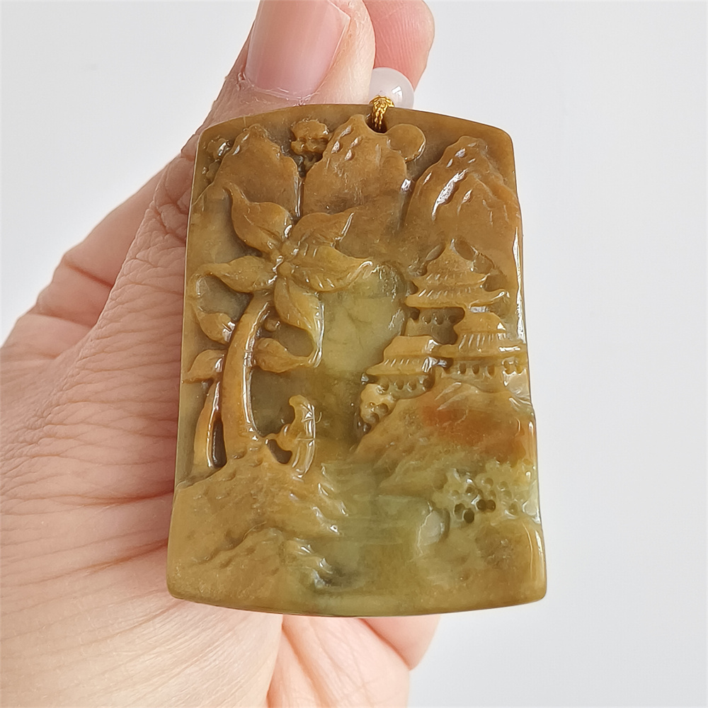 Unique Certificated Natural Type A Untreated 45X30X6mm Yellow Burmese Jadeite Rectangle Pendant With Landscape Carved,DIY Jewelry Supplies