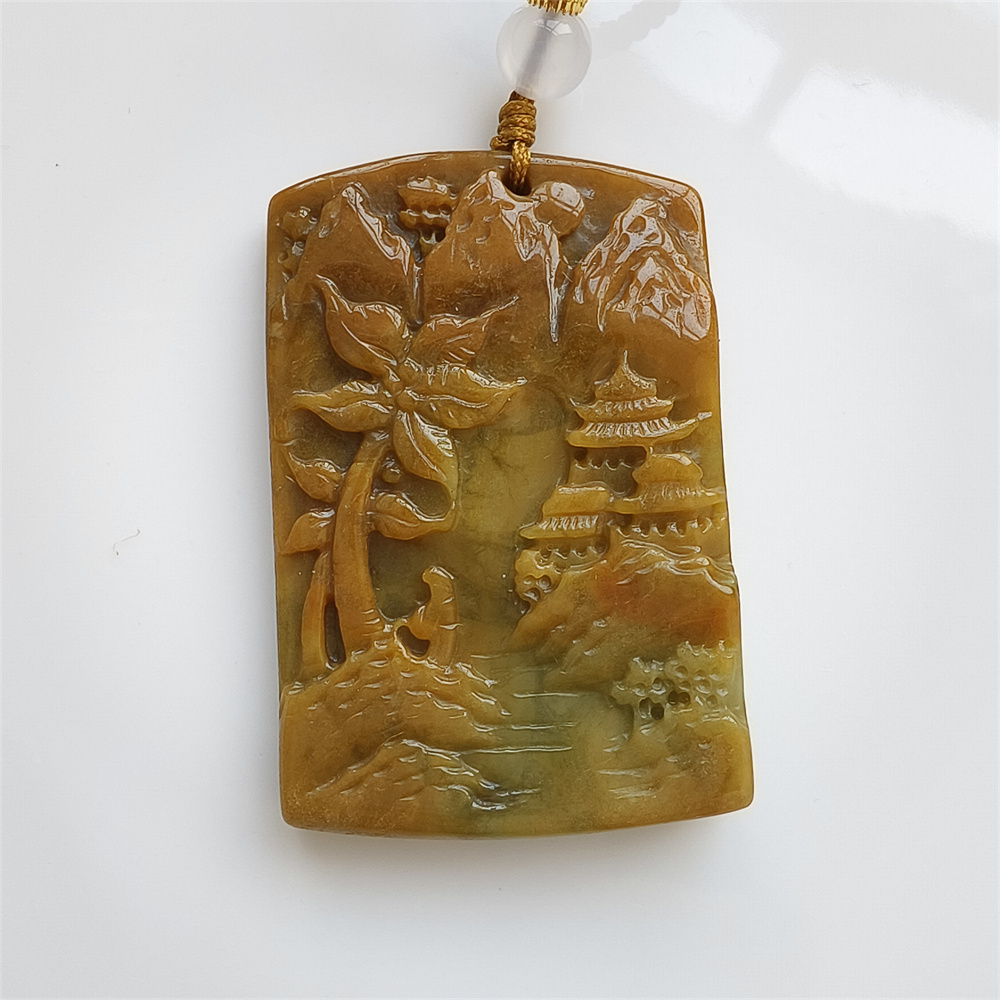 Unique Certificated Natural Type A Untreated 45X30X6mm Yellow Burmese Jadeite Rectangle Pendant With Landscape Carved,DIY Jewelry Supplies