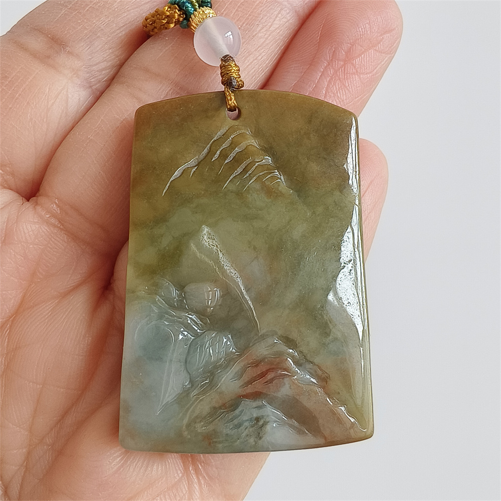 Unique Certificated Natural Type A Untreated 45X30X6mm Yellow Burmese Jadeite Rectangle Pendant With Landscape Carved,DIY Jewelry Supplies