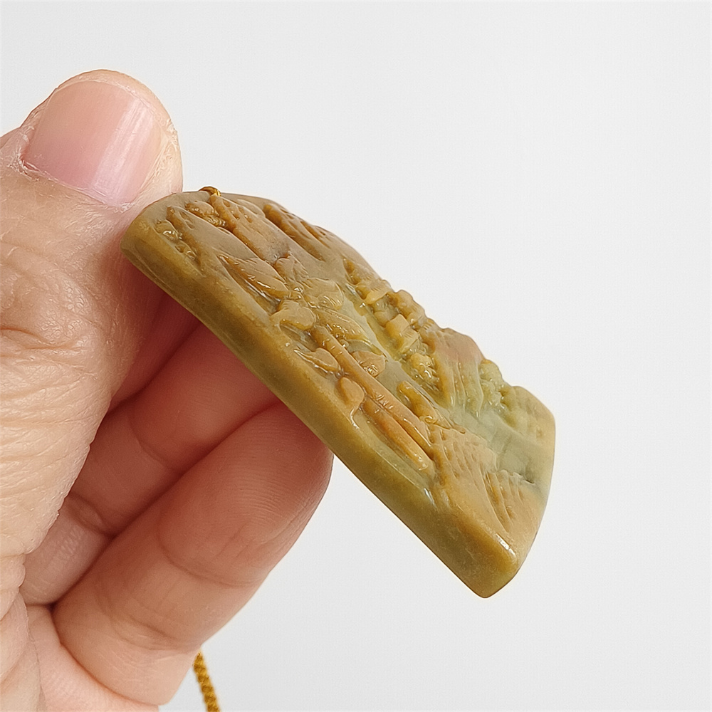 Unique Certificated Natural Type A Untreated 45X30X6mm Yellow Burmese Jadeite Rectangle Pendant With Landscape Carved,DIY Jewelry Supplies