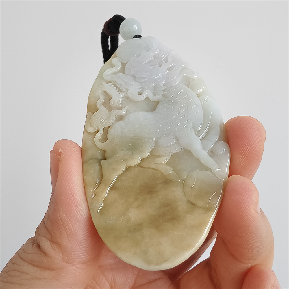 Unique Certificated Natural Type A Untreated 72X39X8mm Yellow White Burmese Jadeite Oval Pendant With Qilin Carved,Amulet Pendant Necklace