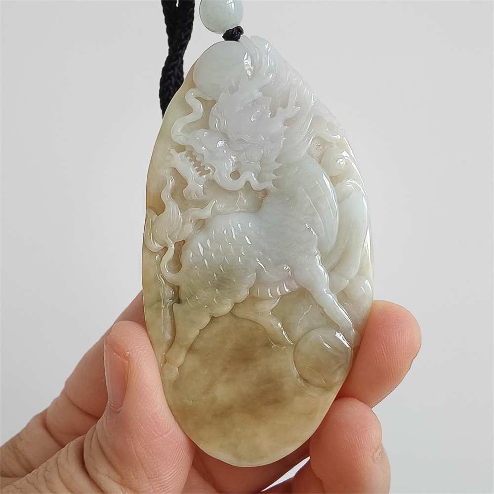 Unique Certificated Natural Type A Untreated 72X39X8mm Yellow White Burmese Jadeite Oval Pendant With Qilin Carved,Amulet Pendant Necklace