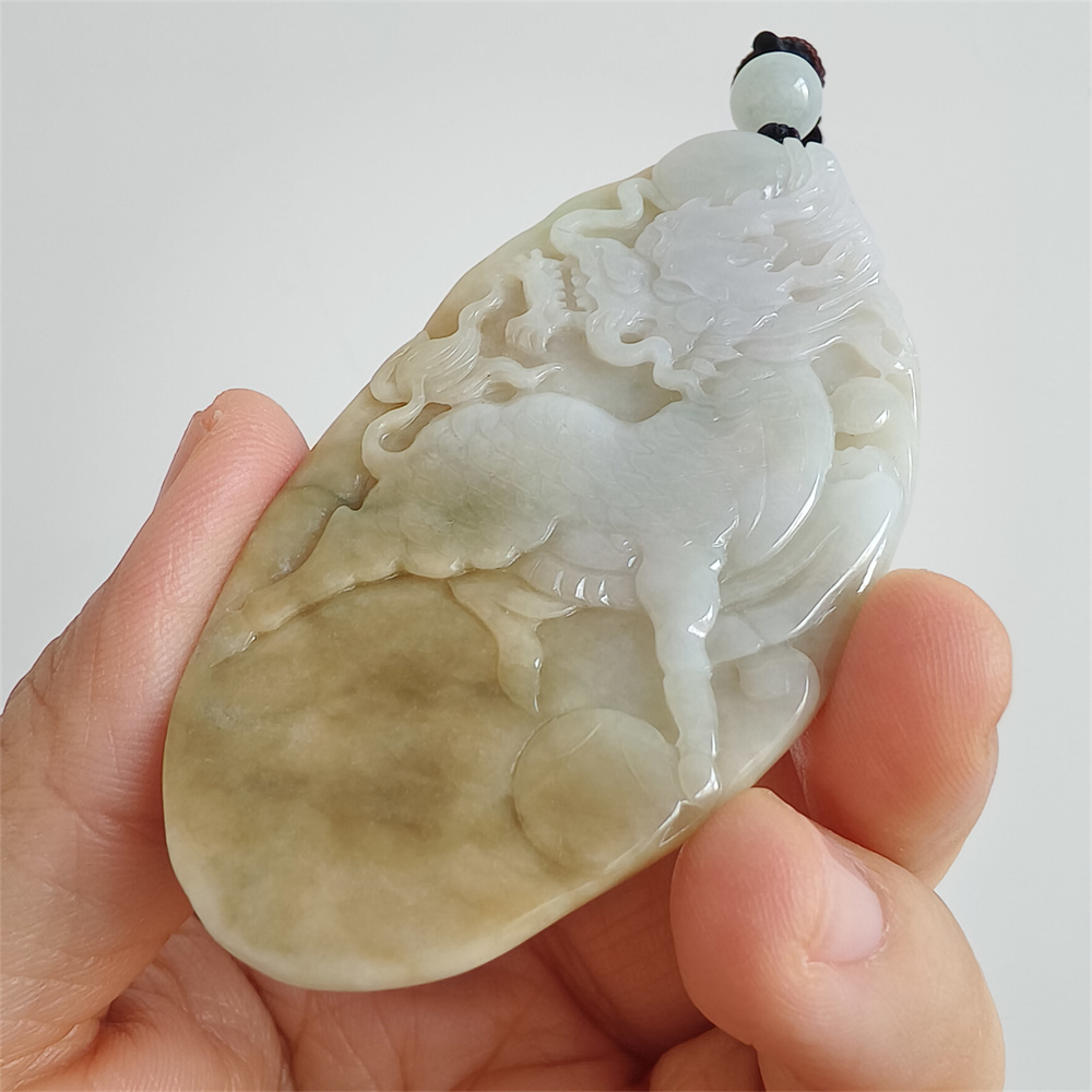 Unique Certificated Natural Type A Untreated 72X39X8mm Yellow White Burmese Jadeite Oval Pendant With Qilin Carved,Amulet Pendant Necklace