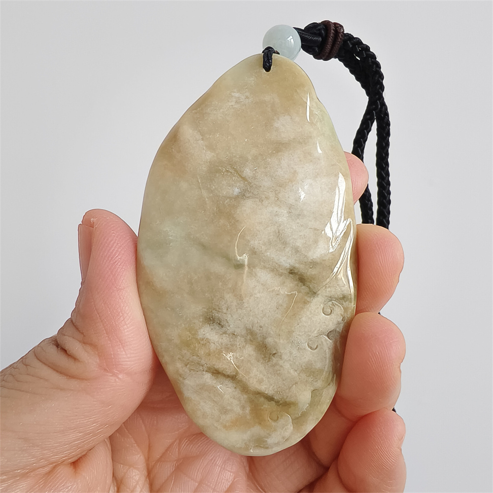 Unique Certificated Natural Type A Untreated 72X39X8mm Yellow White Burmese Jadeite Oval Pendant With Qilin Carved,Amulet Pendant Necklace