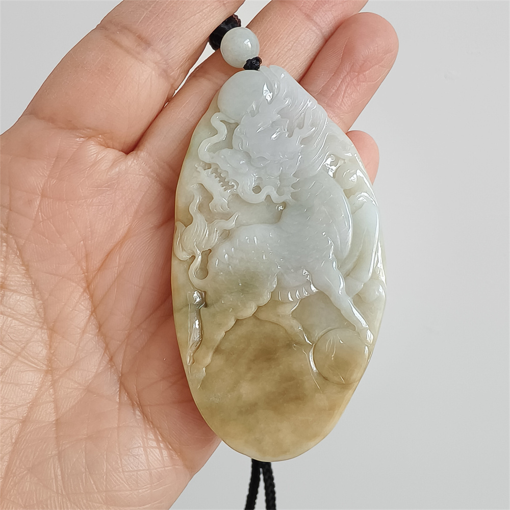 Unique Certificated Natural Type A Untreated 72X39X8mm Yellow White Burmese Jadeite Oval Pendant With Qilin Carved,Amulet Pendant Necklace