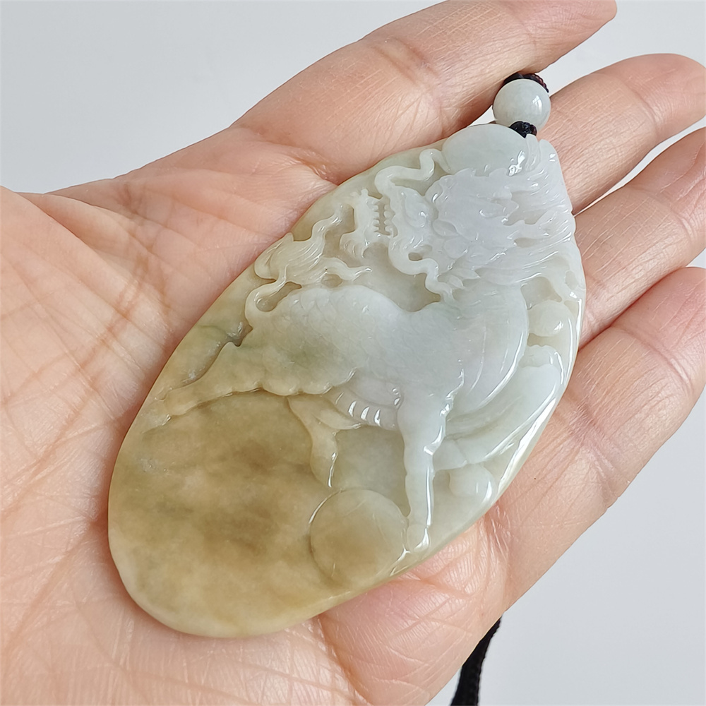 Unique Certificated Natural Type A Untreated 72X39X8mm Yellow White Burmese Jadeite Oval Pendant With Qilin Carved,Amulet Pendant Necklace