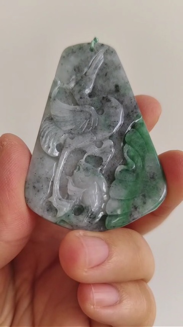 Unique Certificated Natural Type A Untreated 61X40X5mm Gray Green Burmese Jadeite Trapezoid Pendant With Bird And Fish Carved,Amulet Pendant Pendant