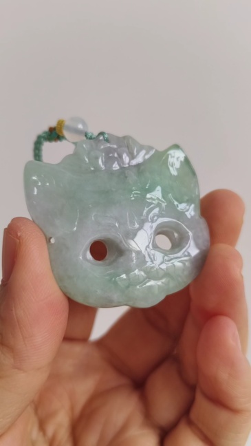 Unique Certificated Natural Type A Untreated 42X42X6mm Green White Burmese Jadeite Fox Mask Pendant Necklace,Myanmar Jadeite Amulet Pendant Necklace