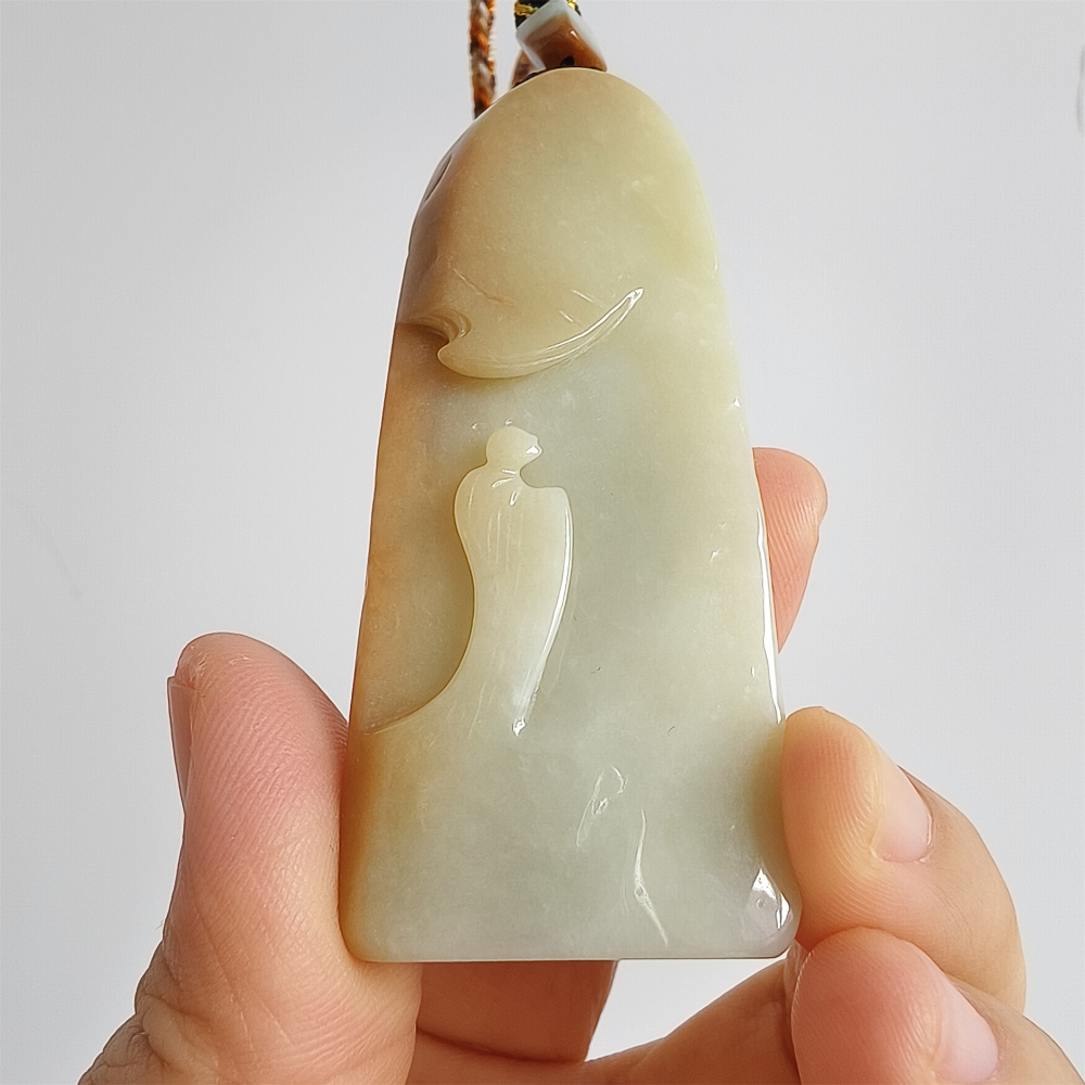 Unique Certificated Natural Type A Untreated 69X29X11mm Yellow Light Green Burmese Jadeite Irregular Pendant With 悟道 Carved,Amulet Pendant Necklace