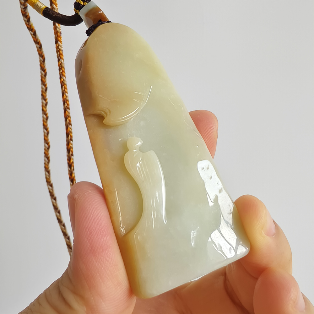 Unique Certificated Natural Type A Untreated 69X29X11mm Yellow Light Green Burmese Jadeite Irregular Pendant With 悟道 Carved,Amulet Pendant Necklace