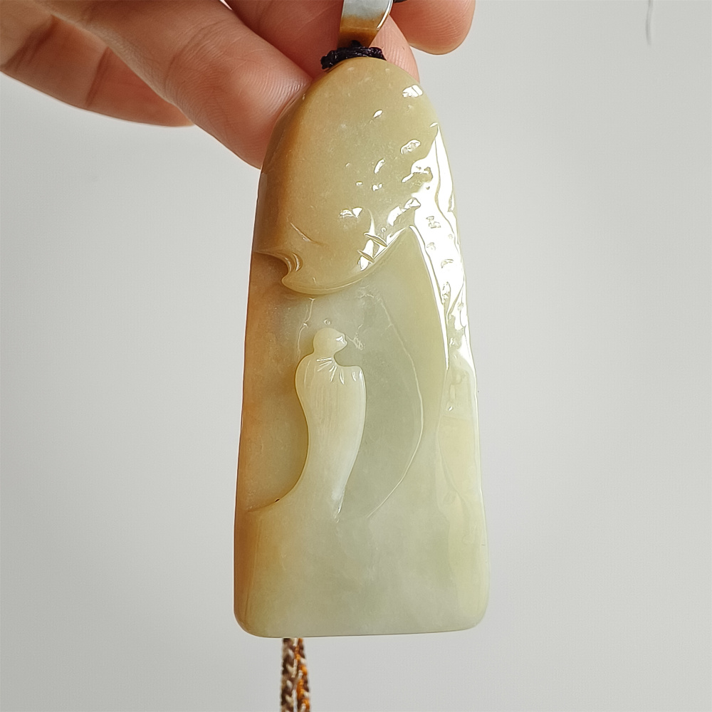 Unique Certificated Natural Type A Untreated 69X29X11mm Yellow Light Green Burmese Jadeite Irregular Pendant With 悟道 Carved,Amulet Pendant Necklace