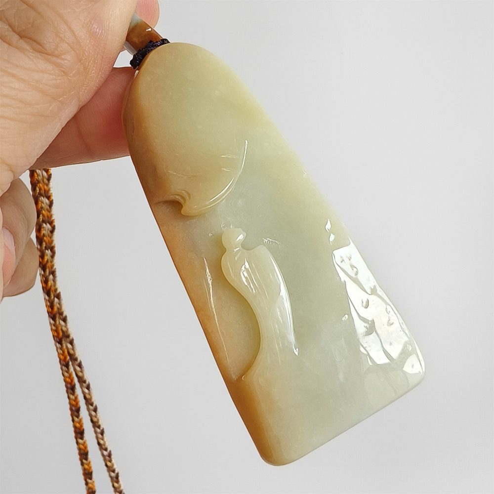 Unique Certificated Natural Type A Untreated 69X29X11mm Yellow Light Green Burmese Jadeite Irregular Pendant With 悟道 Carved,Amulet Pendant Necklace
