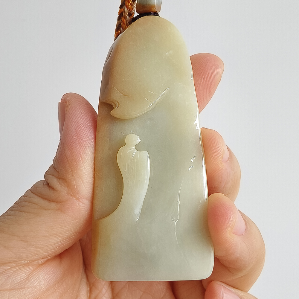 Unique Certificated Natural Type A Untreated 69X29X11mm Yellow Light Green Burmese Jadeite Irregular Pendant With 悟道 Carved,Amulet Pendant Necklace