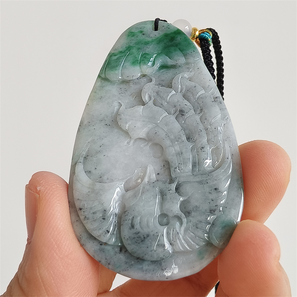 Unique Certificated Natural Type A Untreated 61X37X5mm Gray Green Burmese Jadeite Teardrop Pendant With Phoenix Carved,Amulet Pendant Necklace