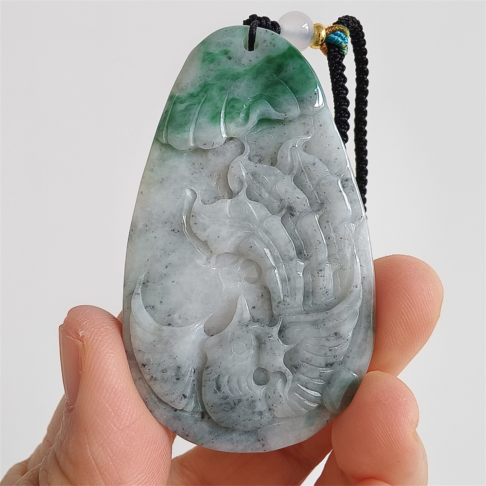 Unique Certificated Natural Type A Untreated 61X37X5mm Gray Green Burmese Jadeite Teardrop Pendant With Phoenix Carved,Amulet Pendant Necklace