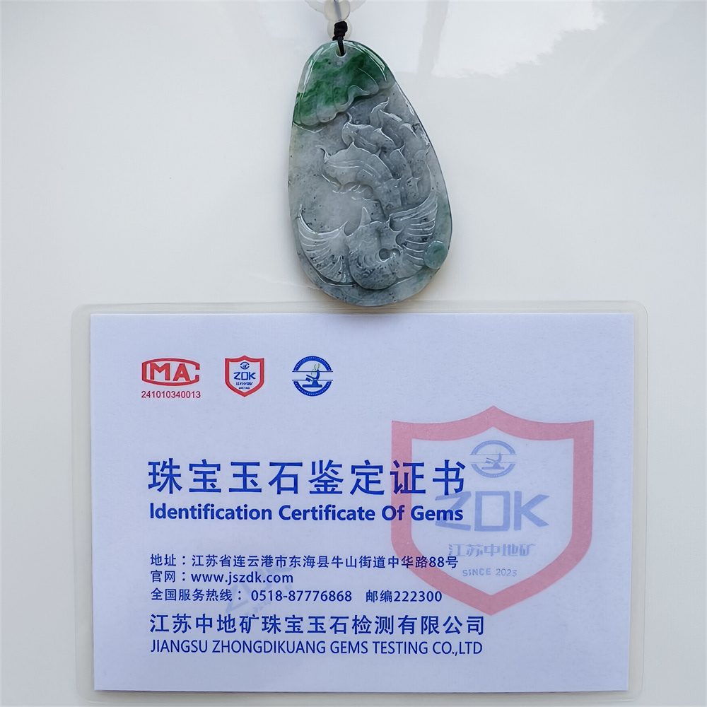 Unique Certificated Natural Type A Untreated 61X37X5mm Gray Green Burmese Jadeite Teardrop Pendant With Phoenix Carved,Amulet Pendant Necklace
