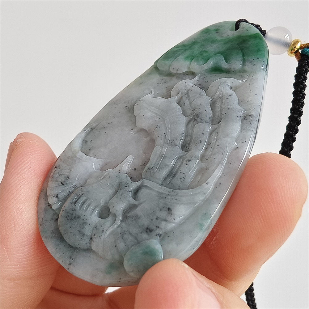 Unique Certificated Natural Type A Untreated 61X37X5mm Gray Green Burmese Jadeite Teardrop Pendant With Phoenix Carved,Amulet Pendant Necklace