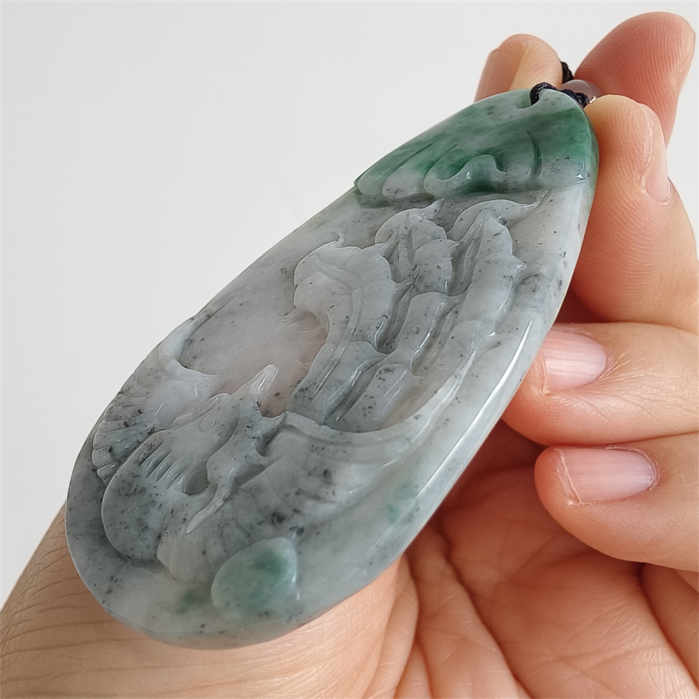 Unique Certificated Natural Type A Untreated 61X37X5mm Gray Green Burmese Jadeite Teardrop Pendant With Phoenix Carved,Amulet Pendant Necklace