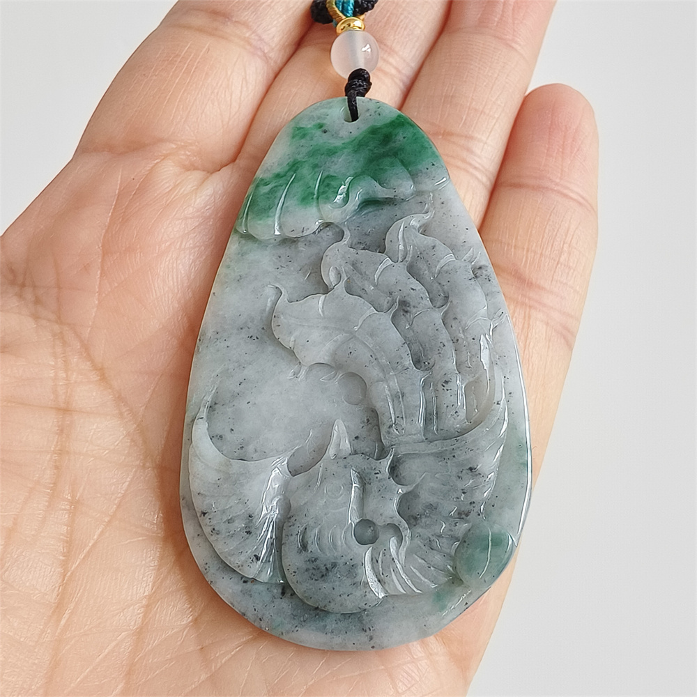 Unique Certificated Natural Type A Untreated 61X37X5mm Gray Green Burmese Jadeite Teardrop Pendant With Phoenix Carved,Amulet Pendant Necklace