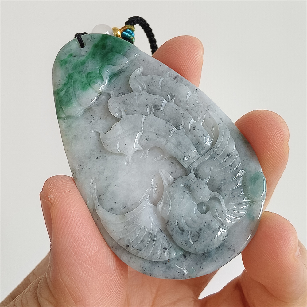 Unique Certificated Natural Type A Untreated 61X37X5mm Gray Green Burmese Jadeite Teardrop Pendant With Phoenix Carved,Amulet Pendant Necklace