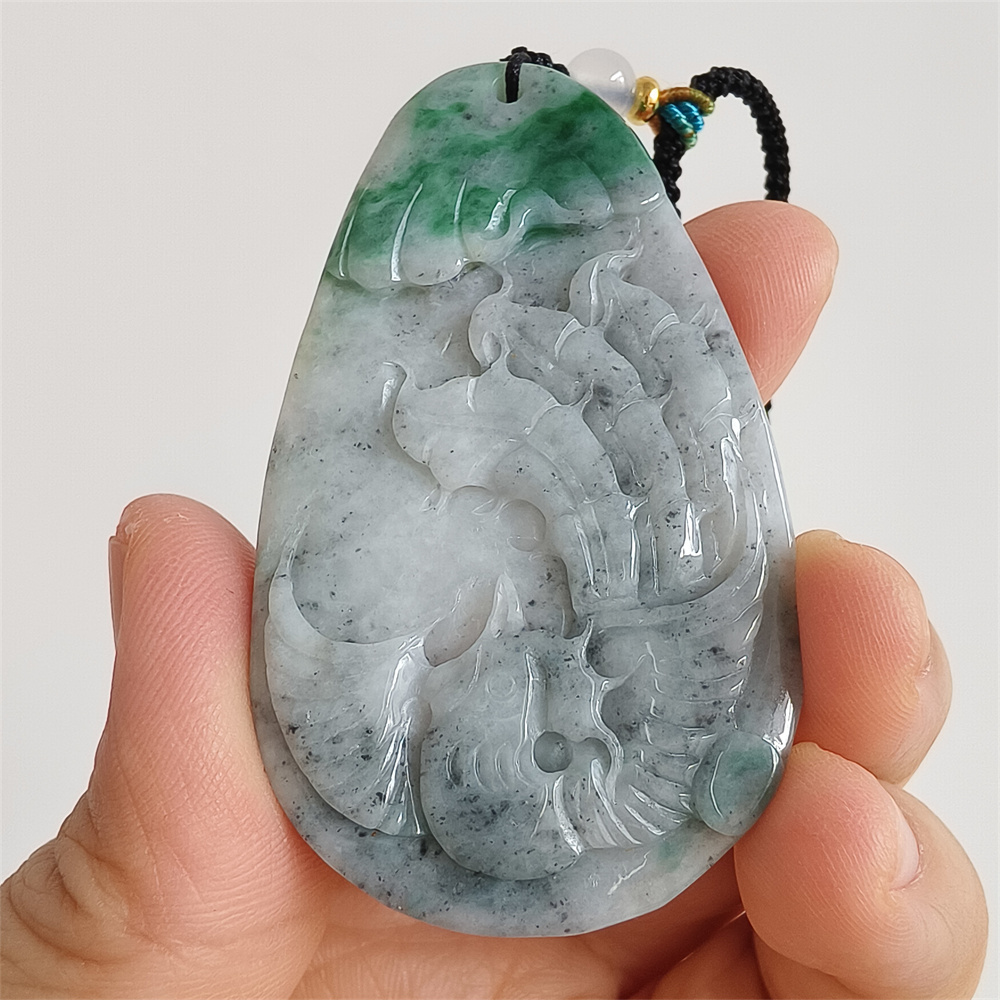 Unique Certificated Natural Type A Untreated 61X37X5mm Gray Green Burmese Jadeite Teardrop Pendant With Phoenix Carved,Amulet Pendant Necklace