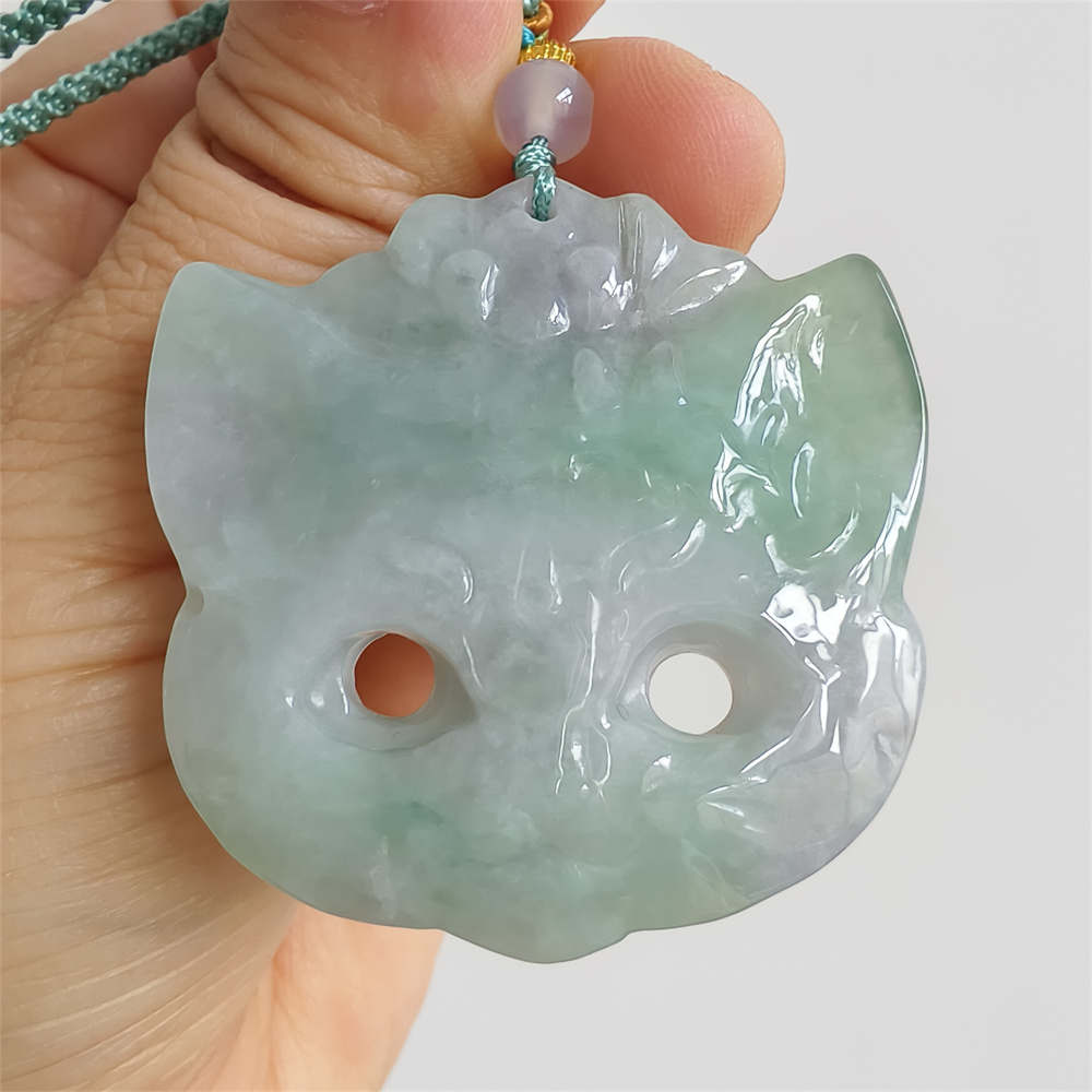 Unique Certificated Natural Type A Untreated 42X42X6mm Green White Burmese Jadeite Fox Mask Pendant Necklace,Myanmar Jadeite Amulet Pendant Necklace