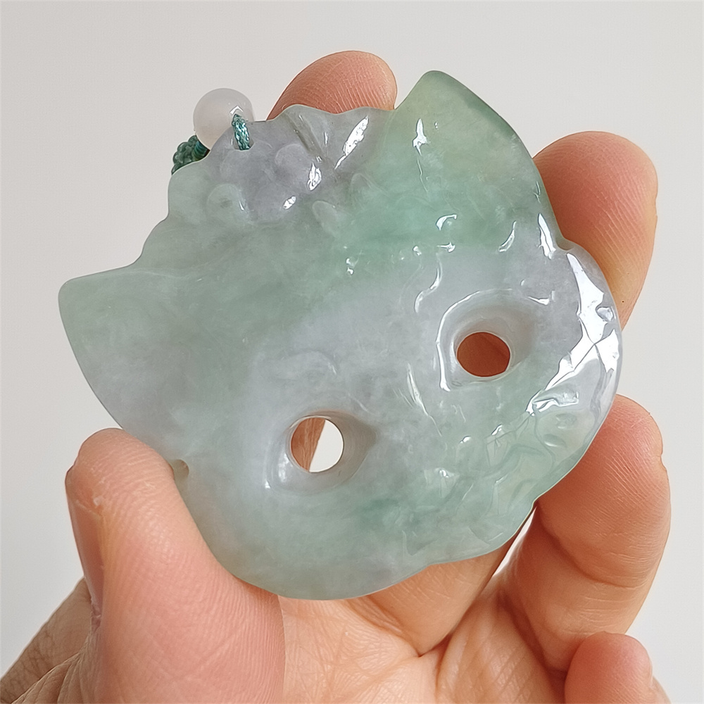 Unique Certificated Natural Type A Untreated 42X42X6mm Green White Burmese Jadeite Fox Mask Pendant Necklace,Myanmar Jadeite Amulet Pendant Necklace