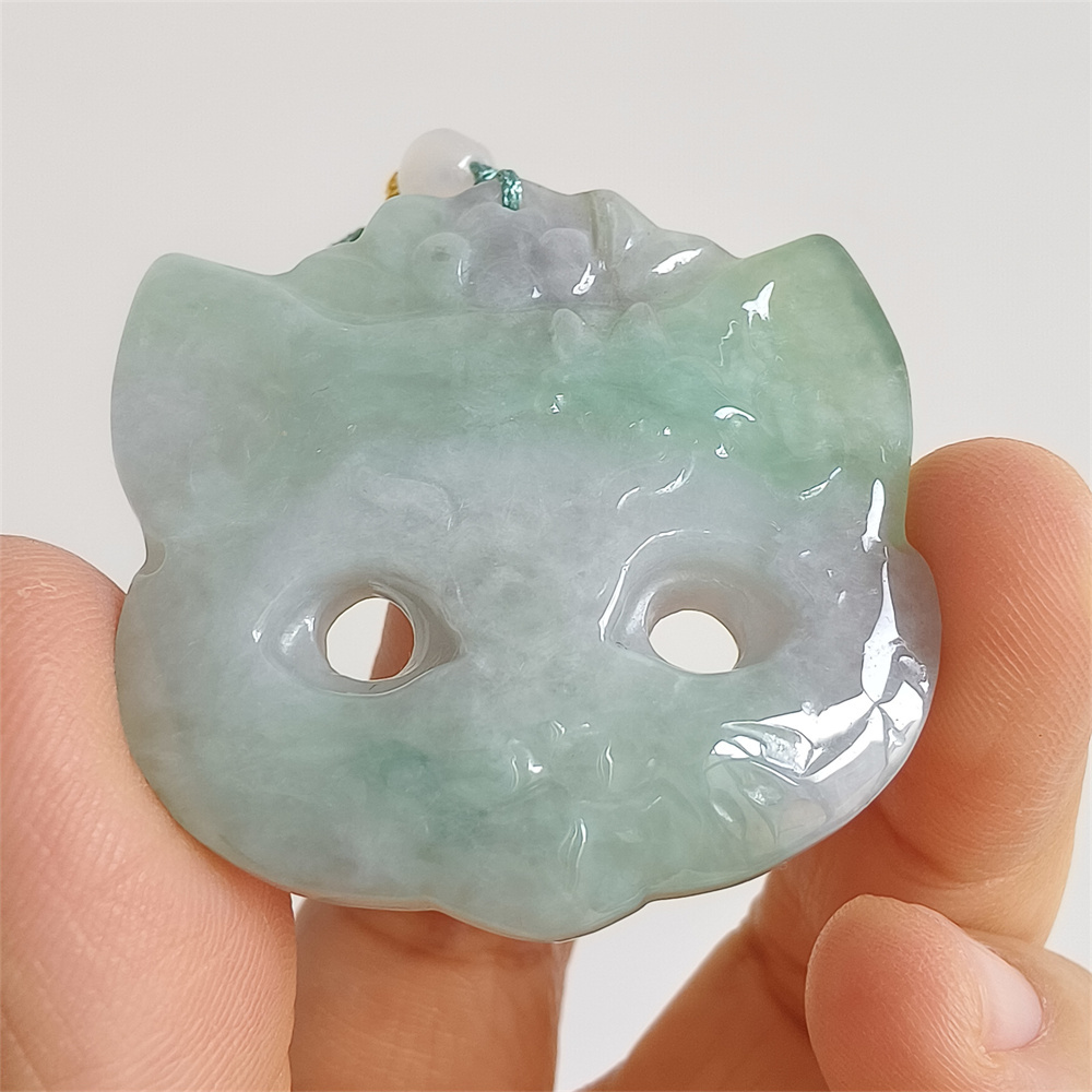 Unique Certificated Natural Type A Untreated 42X42X6mm Green White Burmese Jadeite Fox Mask Pendant Necklace,Myanmar Jadeite Amulet Pendant Necklace