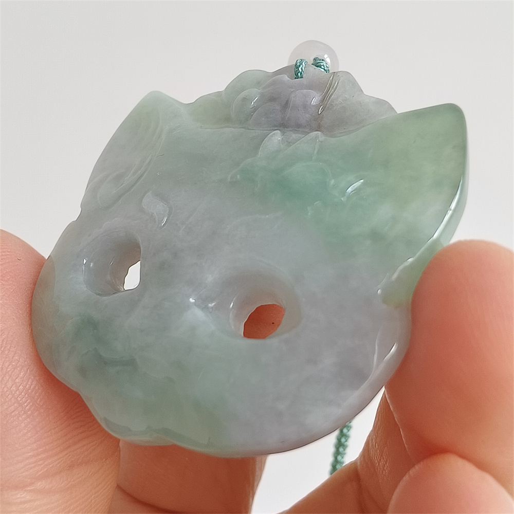 Unique Certificated Natural Type A Untreated 42X42X6mm Green White Burmese Jadeite Fox Mask Pendant Necklace,Myanmar Jadeite Amulet Pendant Necklace