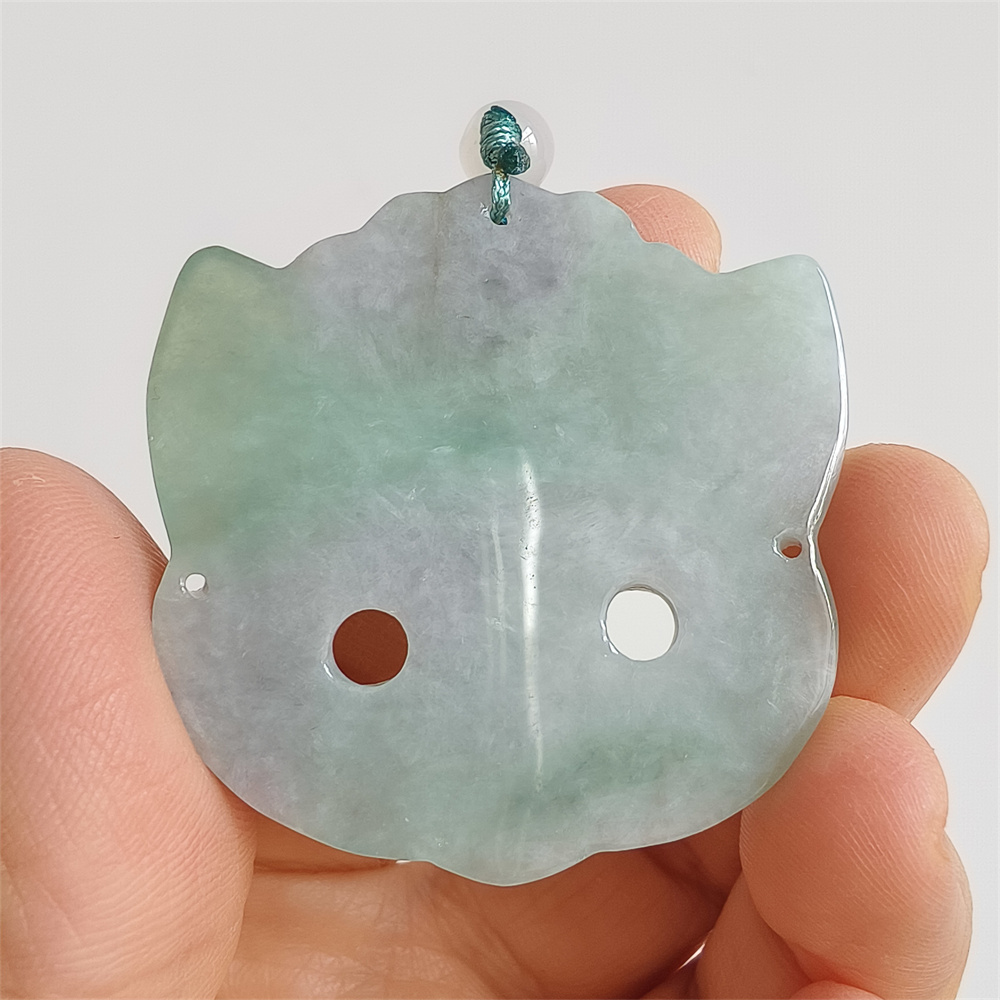 Unique Certificated Natural Type A Untreated 42X42X6mm Green White Burmese Jadeite Fox Mask Pendant Necklace,Myanmar Jadeite Amulet Pendant Necklace