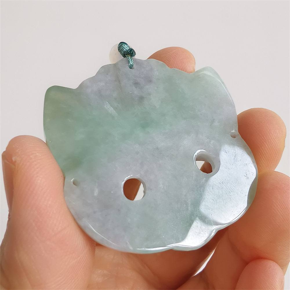 Unique Certificated Natural Type A Untreated 42X42X6mm Green White Burmese Jadeite Fox Mask Pendant Necklace,Myanmar Jadeite Amulet Pendant Necklace
