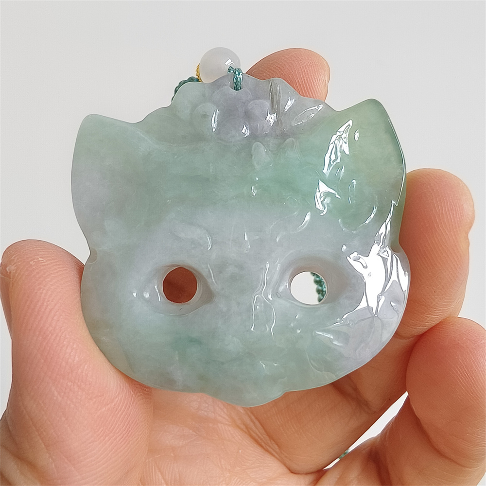 Unique Certificated Natural Type A Untreated 42X42X6mm Green White Burmese Jadeite Fox Mask Pendant Necklace,Myanmar Jadeite Amulet Pendant Necklace