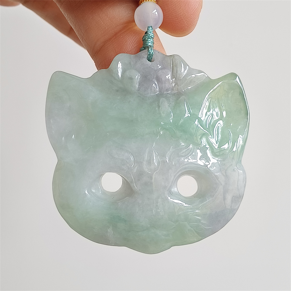Unique Certificated Natural Type A Untreated 42X42X6mm Green White Burmese Jadeite Fox Mask Pendant Necklace,Myanmar Jadeite Amulet Pendant Necklace