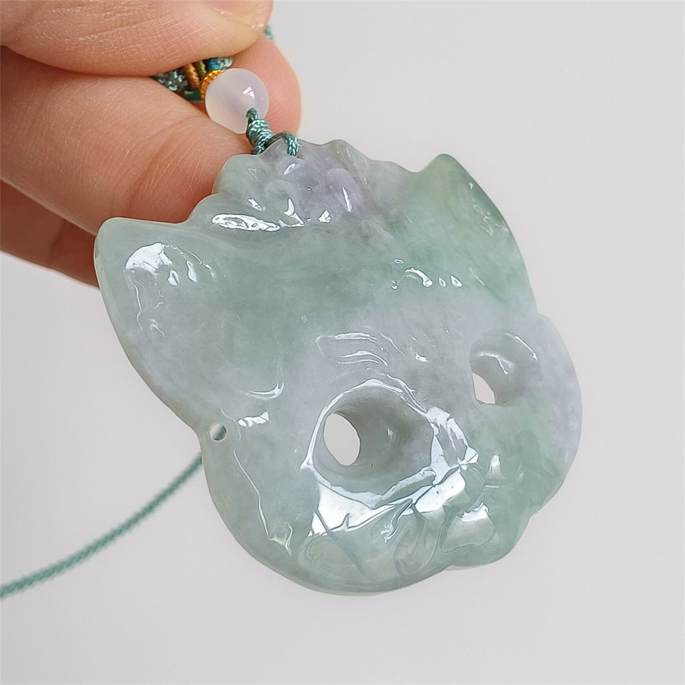 Unique Certificated Natural Type A Untreated 42X42X6mm Green White Burmese Jadeite Fox Mask Pendant Necklace,Myanmar Jadeite Amulet Pendant Necklace