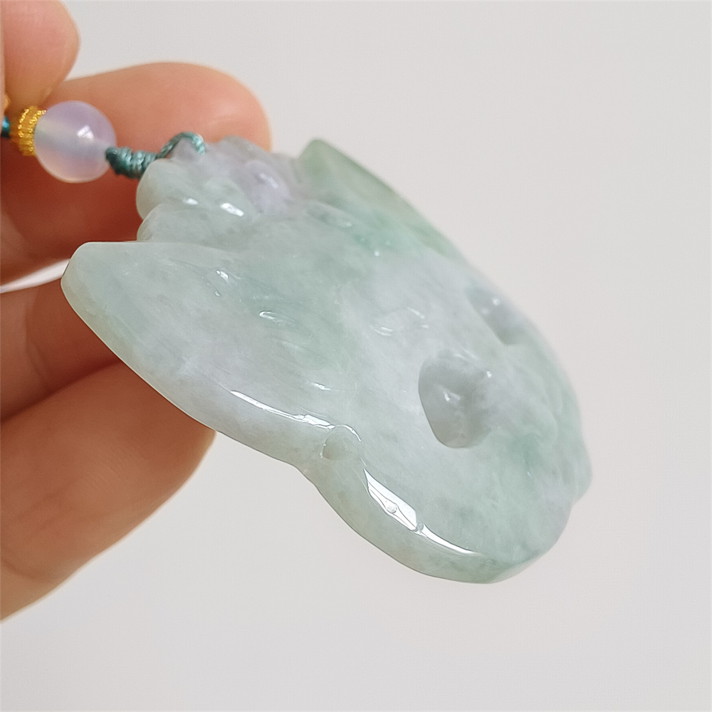 Unique Certificated Natural Type A Untreated 42X42X6mm Green White Burmese Jadeite Fox Mask Pendant Necklace,Myanmar Jadeite Amulet Pendant Necklace
