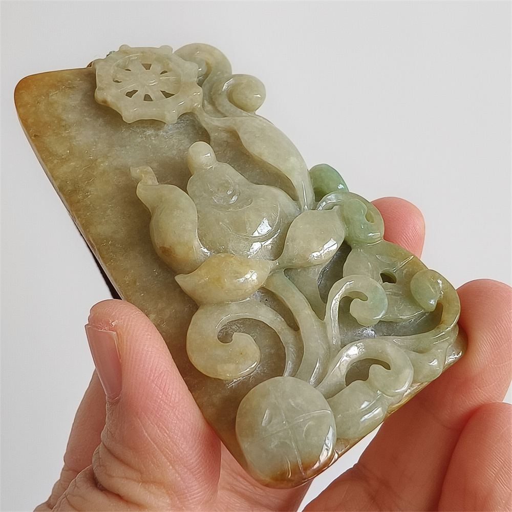 Unique Certificated Natural Type A Untreated 82X43X13mm Yellow Green Burmese Jadeite Rectangle Pendant With Lotus Carved,悟道Pendant Necklace